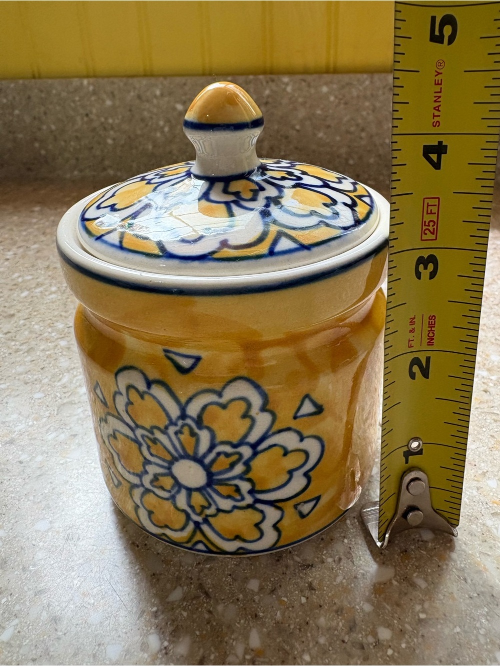 Pier 1 Imports Toscana Yellow/Blue Hand Painted Ceramic Spice Jar w/Sealing Lid - Picture 8 of 9